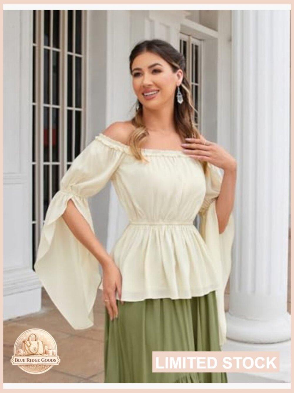 Bell Sleeve Peasant Blouse Renaissance Top Chiffon Smocked Waist Elegant - Picture 2 of 7